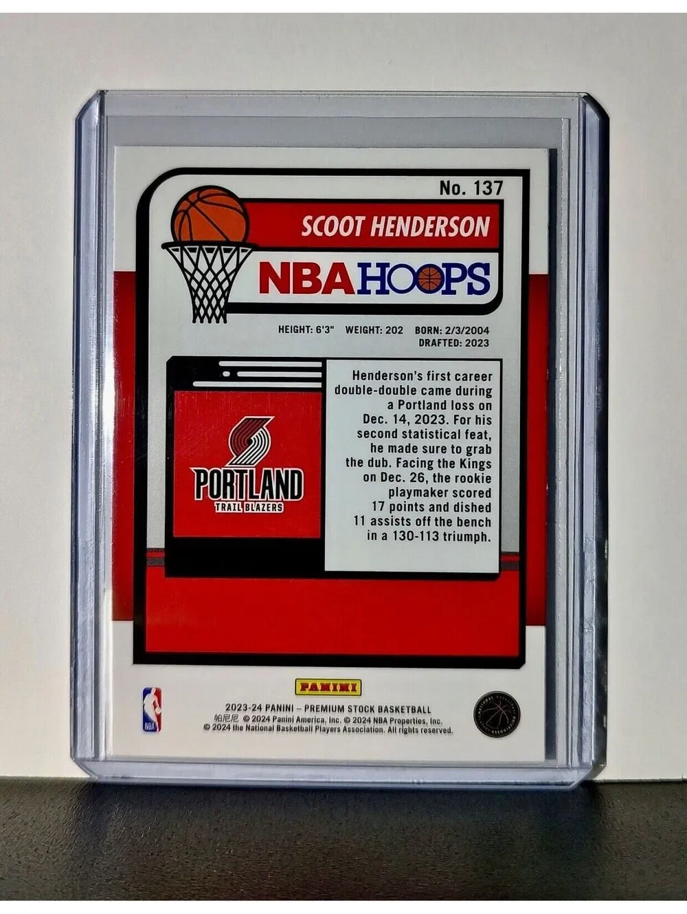 Scoot Henderson 2023-24 Panini Premium Stock NBA Hoops #137 Rookie Trail Blazers